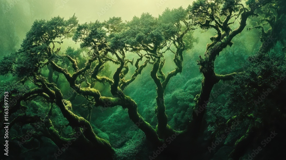 Poster Mystical forest with ancient, moss-covered trees shrouded in mist.