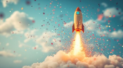 Celebration of exploration as a colorful rocket soars into a bright sky filled with fluffy clouds