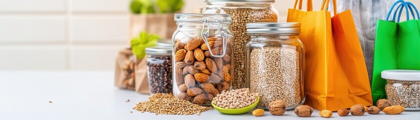 A vibrant display of jars filled with nuts, seeds, and grains, accompanied by colorful shopping bags, showcasing healthy eating and eco-friendly shopping.