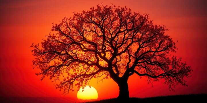 Silhouette of a large tree against a vibrant red sunset, conveying serenity and the beauty of nature's end-of-day spectacle