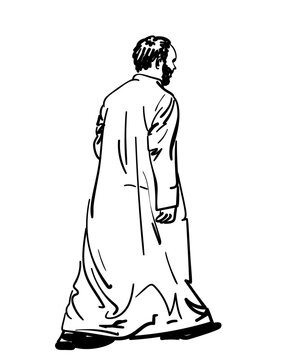 Walking Arab man wearing traditional white cotton tunic with long sleeves called dishdasha, Hand drawn illustration, Vector sketch, Side back view