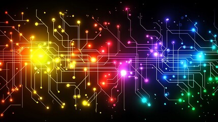 Fototapeta premium Abstract colorful circuit board design with glowing components.