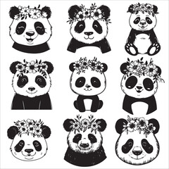 Obraz premium cute panda wearing flower headband silhouette, vector illustration set 