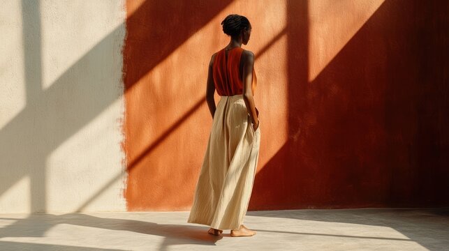 Woman In Loose Beige Pants And Orange Top Against A Wall