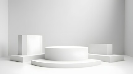 A clean and minimalist white podium setup featuring various geometric platforms. Perfect for product presentations, 3D mockups, or modern interior design visuals in a neutral environment.