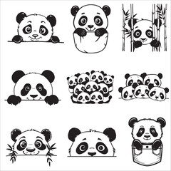 Obraz premium cute peeking panda silhouette, vector illustration set 