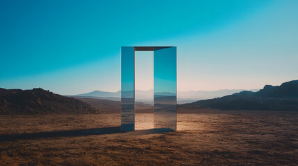 Open modern glass door standing in the middle of a desert, with a podium display, minimalist, surreal.

