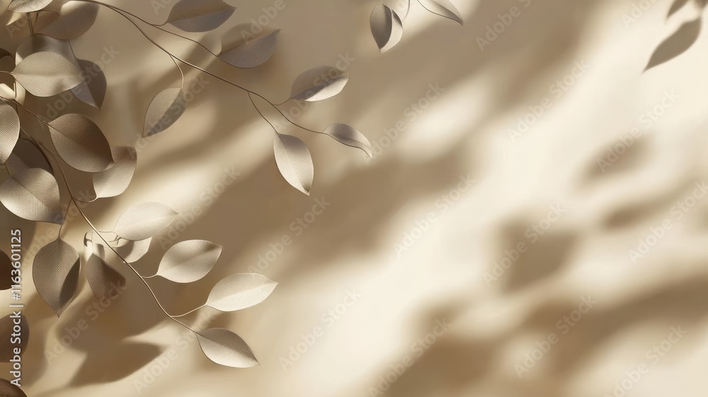 Poster beige background with branches and leaves casting shadows.