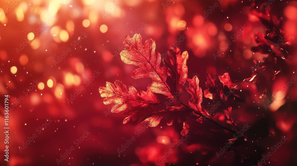 Poster red autumn oak leaves with bokeh background.