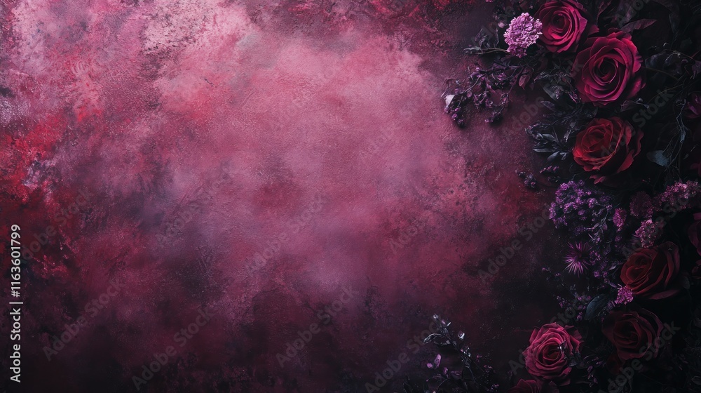 Leinwandbilder dark moody background with red and purple flowers arranged on textured surface, creating a frame.