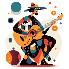 A stylized illustration of a man playing a guitar.