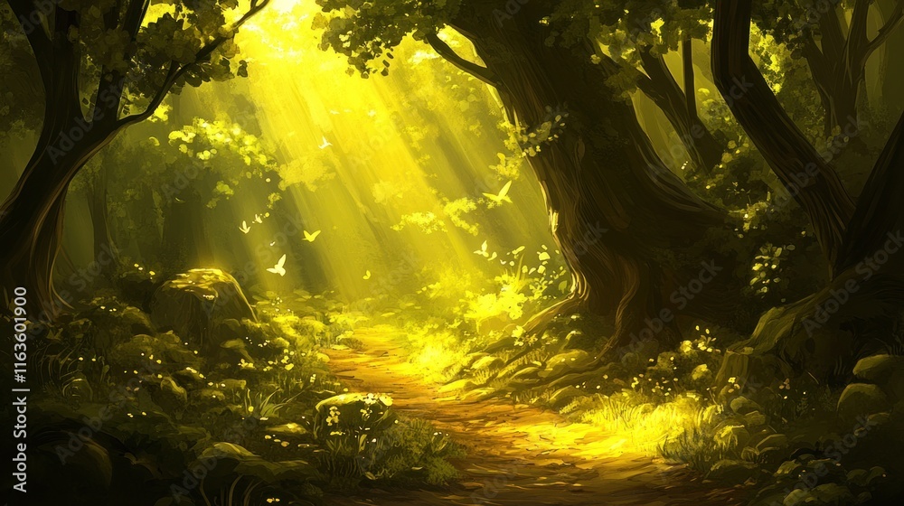 Poster sunlit path through a mystical forest with butterflies and lush foliage.