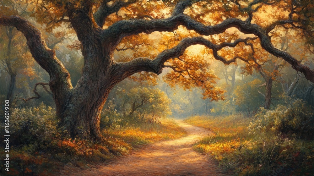 Poster Majestic oak tree arches over a sunlit path winding through an autumnal forest.