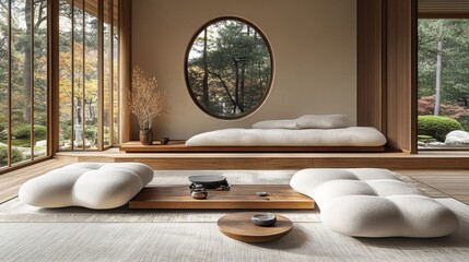 Serene modern living space with natural greenery view and minimalist design inviting relaxation and tranquility
