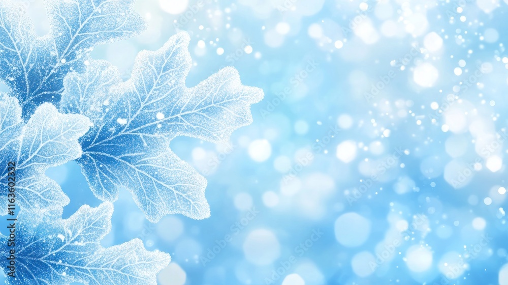 Poster frosty leaves on a bokeh background.