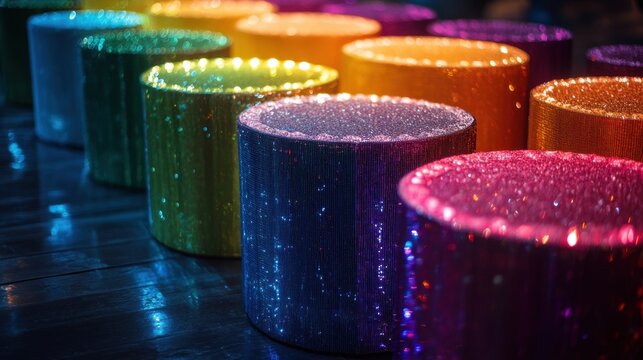Colorful sparkling stools create a vibrant atmosphere at a lively nightlife event in a bustling urban locale