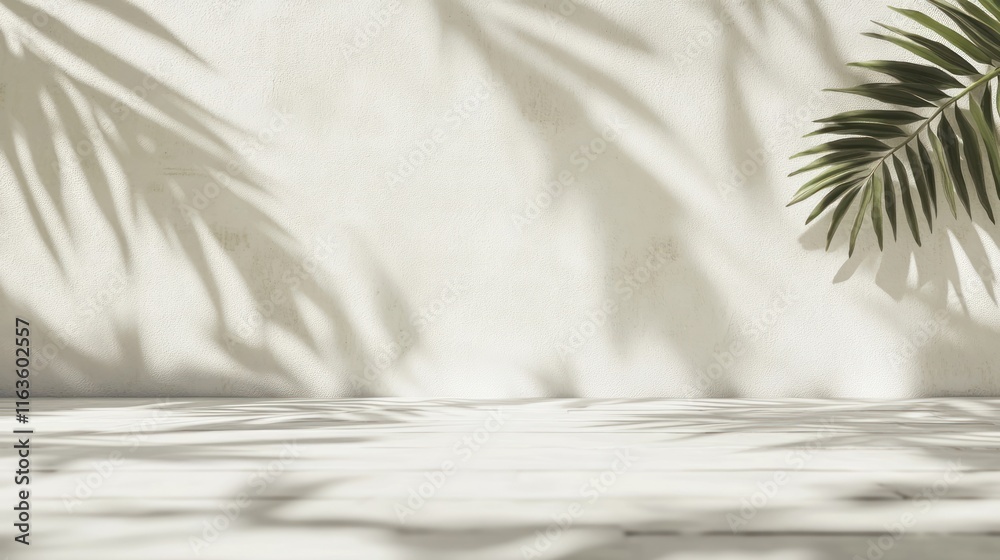 Poster Minimalist white background with palm leaf shadows and empty wooden surface.