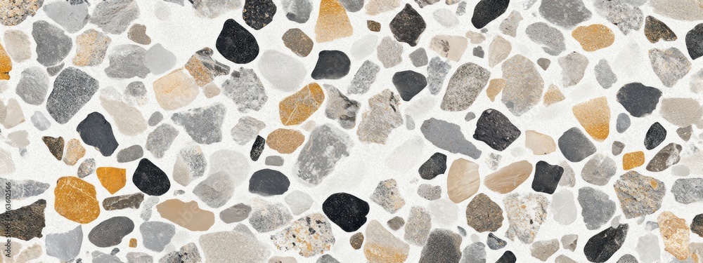 Poster seamless texture of multicolored stone chips on white background.
