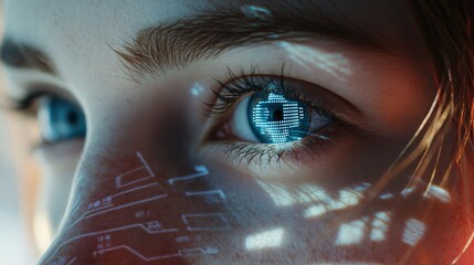 Close-up of a young female's blue eye reflecting digital data projections, highlighting technology and innovation.