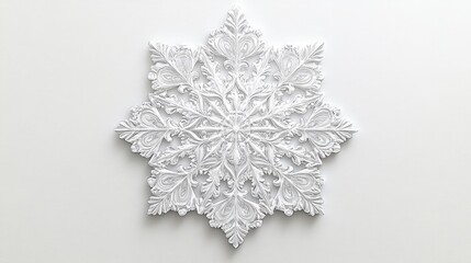 Intricate white snowflake design on white background.
