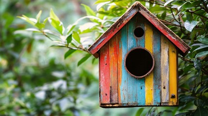A colorful wooden birdhouse nestled among lush green foliage, adding a charming touch to the garden.
