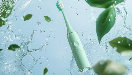 Electric Toothbrush Cleaning: Refreshing Oral Hygiene with Water and Leaves, Achieving a Sparkling Clean Smile Daily.