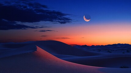A serene desert landscape at dusk featuring curling sand dunes and a crescent moon illuminating the twilight sky.