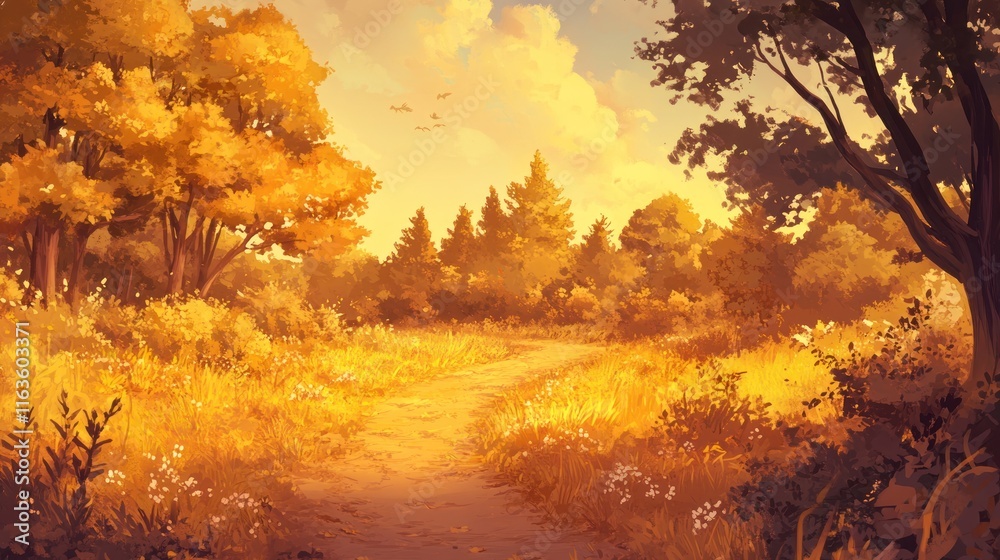 Aufkleber Sunlit autumn path through golden field and trees.