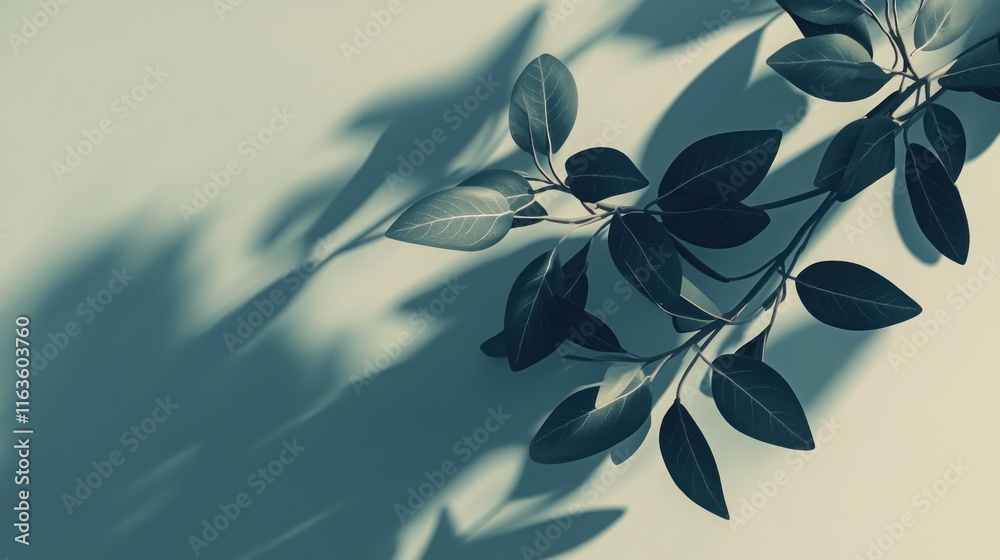 Poster branch with leaves casting shadows on a light teal background.