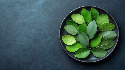Lush Green Leaves Arranged on a Dark Plate
