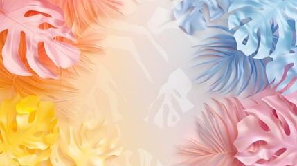 Colorful tropical leaves create a vibrant backdrop for summer themed designs and events