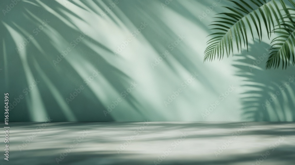 Poster minimalist studio backdrop with palm leaf shadows on a green wall and light gray floor.