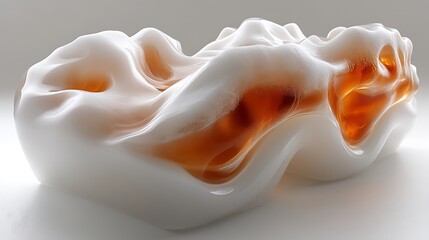 Abstract Sculpture of White and Amber Fluid Forms
