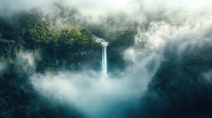 Aerial perspective of a stunning waterfall flowing into a vibrant valley, surrounded by rich greenery and dynamic water movement