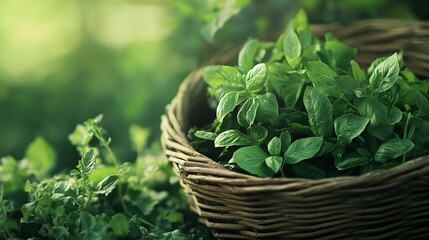 Naklejka premium A woven basket filled with fresh green mint leaves, surrounded by a lush garden setting.