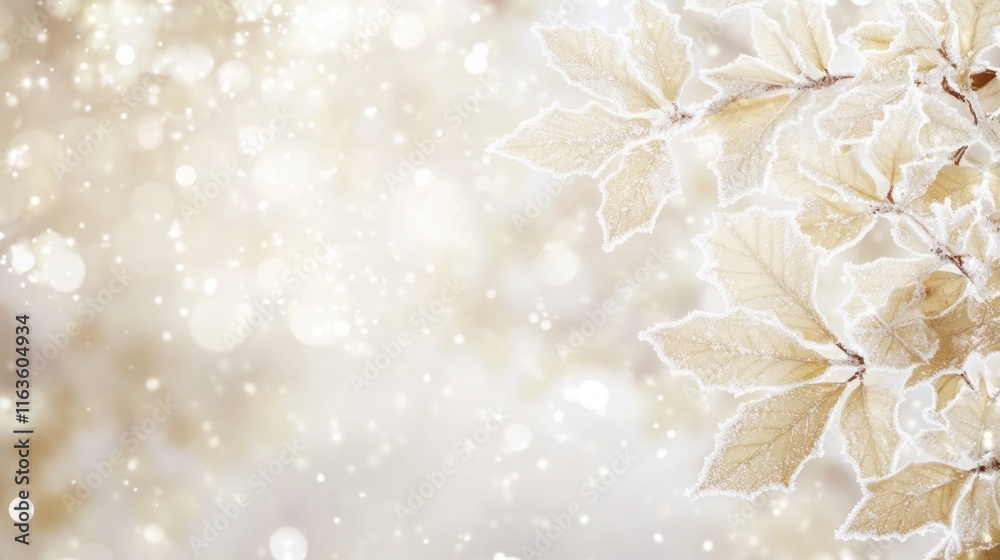 Poster frosty beige leaves on a branch with bokeh background.