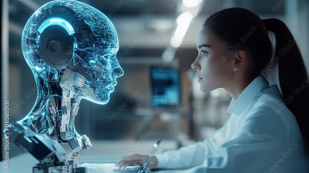 Poster human and robot interaction explores future technology in a modern lab setting