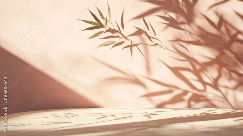 Poster sunlight illuminates a minimalist beige backdrop with delicate plant shadows and a clean surface, id