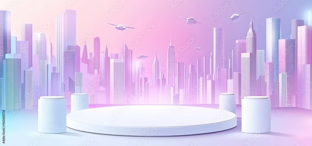 Poster Futuristic city skyline backdrop with empty product display podium.