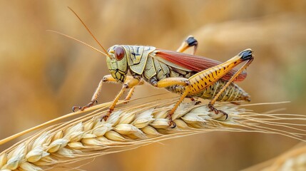 A vibrant grasshopper with striking colors perched on a ripe wheat stalk, showcasing its intricate details.