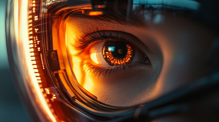 Close-up of a futuristic eye in a high-tech environment showcasing advanced technology