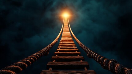 Fototapeta premium A surreal image of a tall, winding ladder reaching towards a bright light in a dark, cloudy sky, symbolizing hope and aspiration.