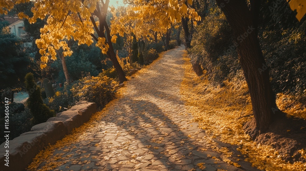 Aufkleber sunlit autumn path through golden leaves on a stone walkway lined with trees.