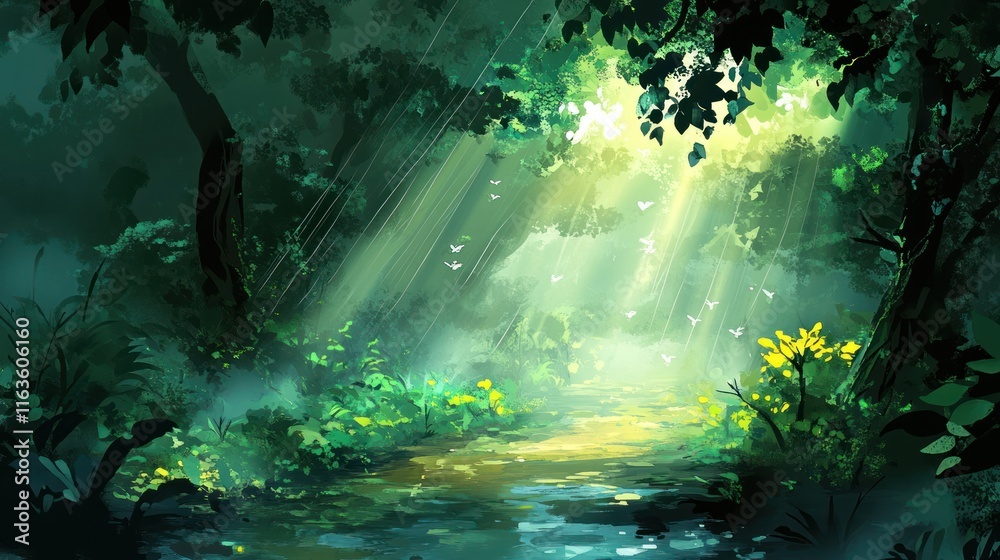 Poster Sunbeams illuminate a mystical forest path with a stream, surrounded by lush greenery and butterflies.
