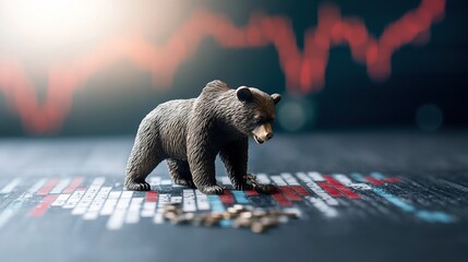 Bear statue shattering stock ticker symbolizing market downturn, dynamic scene capturing financial struggle and resilience