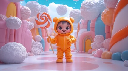 Obraz premium Cute character in vibrant candy land holding a giant lollipop, surrounded by fluffy clouds and colorful candy structures