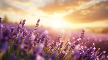 Obraz premium Lavender Fields at Dusk, Expansive rows of vibrant purple blossoms bathed in golden hour glow, serene and enchanting landscape