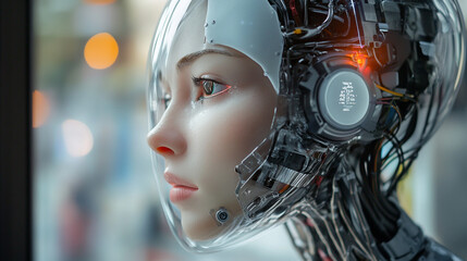 Fototapeta premium Futuristic humanoid robot with transparent features displays advanced technology in urban setting