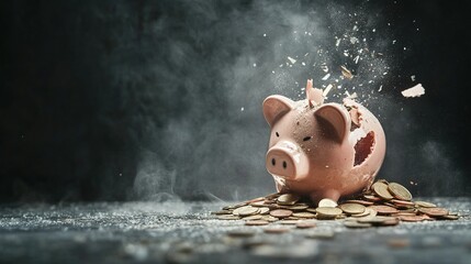Fragmented savings, scattered coins, shattered glass, symbolizing financial decline, loss of security, and the fragility of dreams