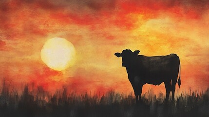Naklejka premium Silhouette of a cow at sunset.